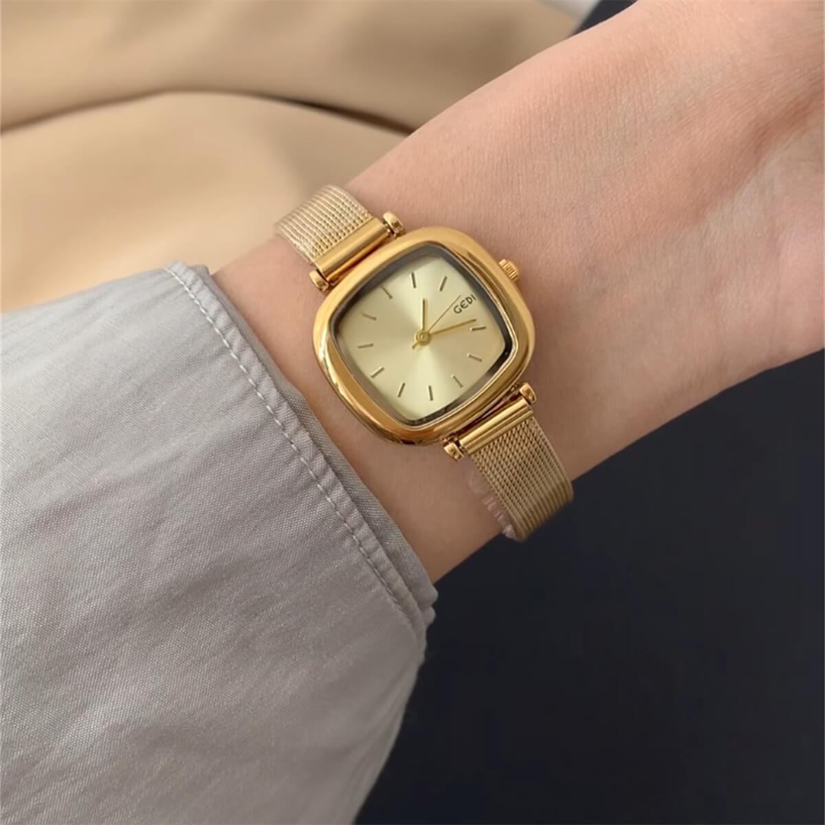Square Golden Face Stainless Steel Watch