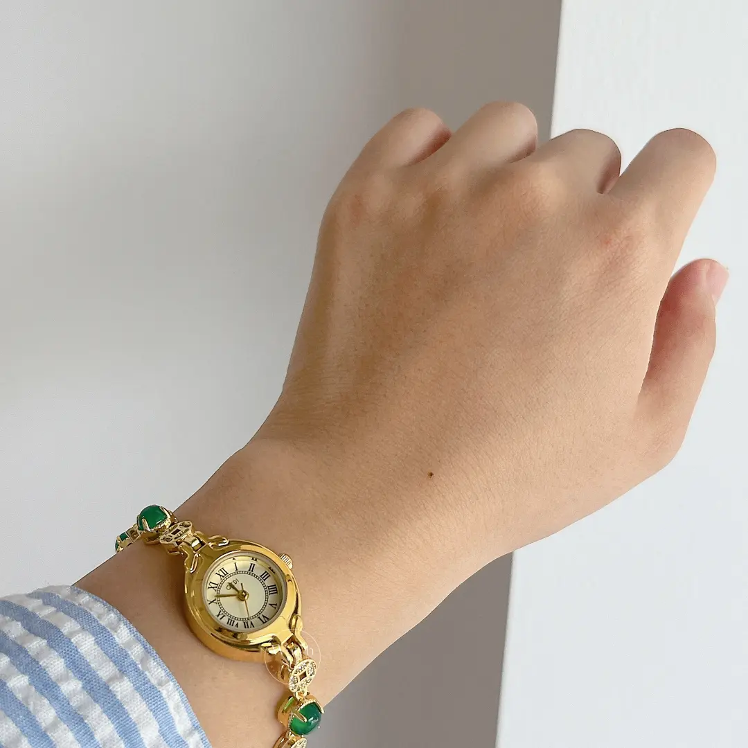 Gold Oval Face Green Beads Bracelet Watch for Women