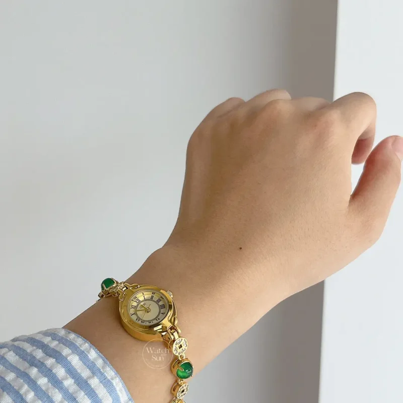 Gold Oval Face Green Beads Bracelet Watch for Women