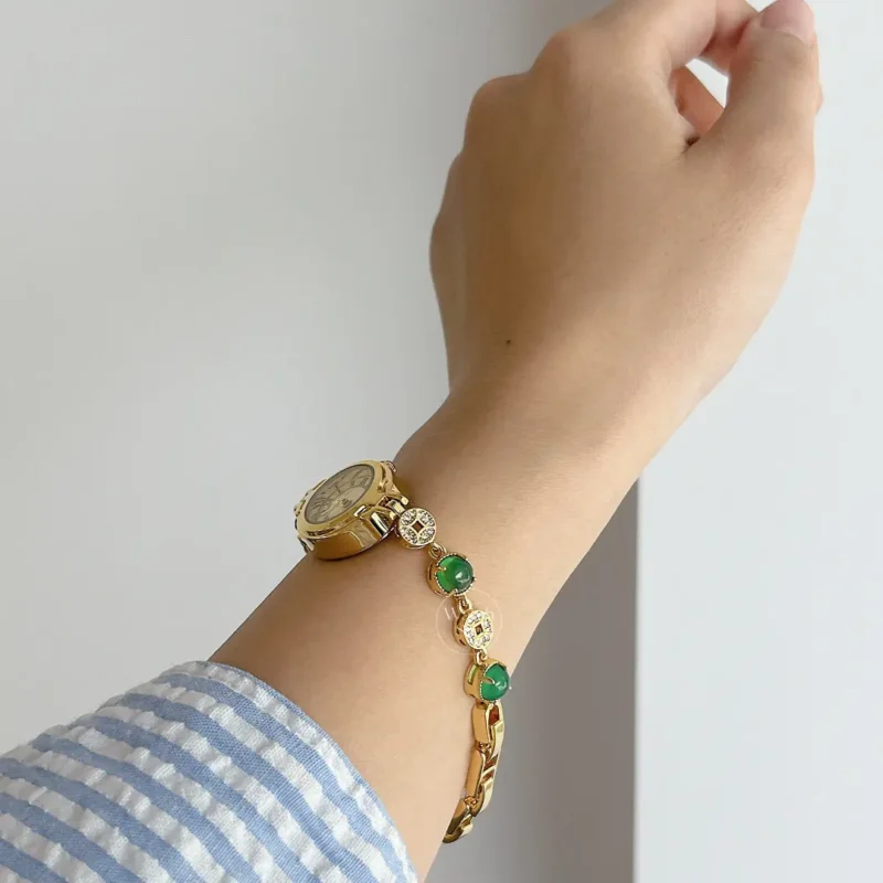 Gold Oval Face Green Beads Bracelet Watch for Women