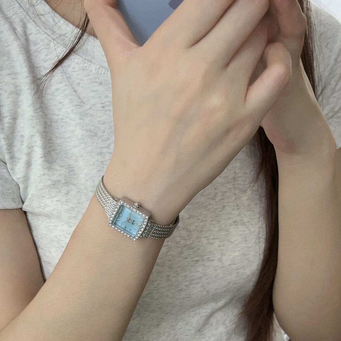 Vintage Style Silver-Blue Square Stainless Steel Watch