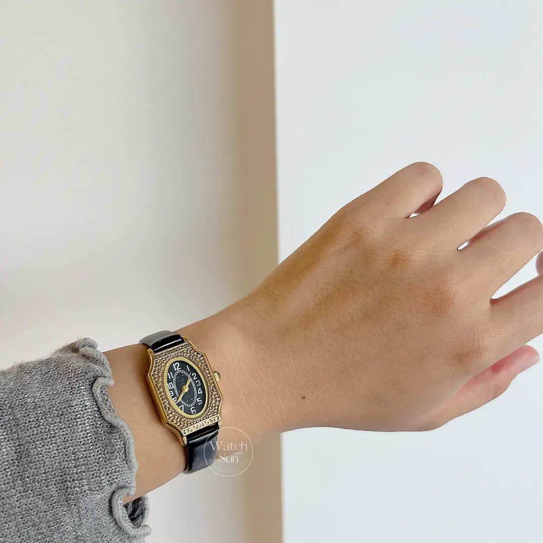 Dainty Oval Face Black Leather Watch