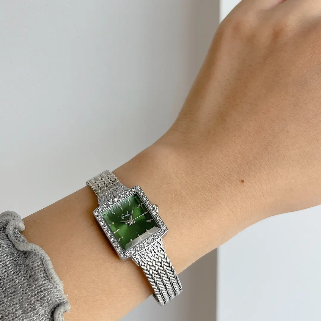 Square Face Gold Green Bracelet Watch