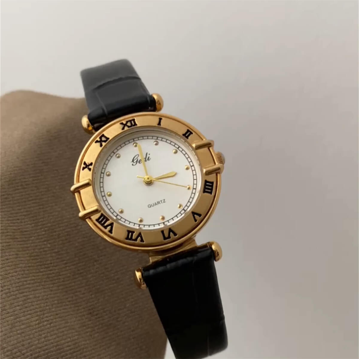 Vintage Style Brown/Black Leather Round Gold Face Watch