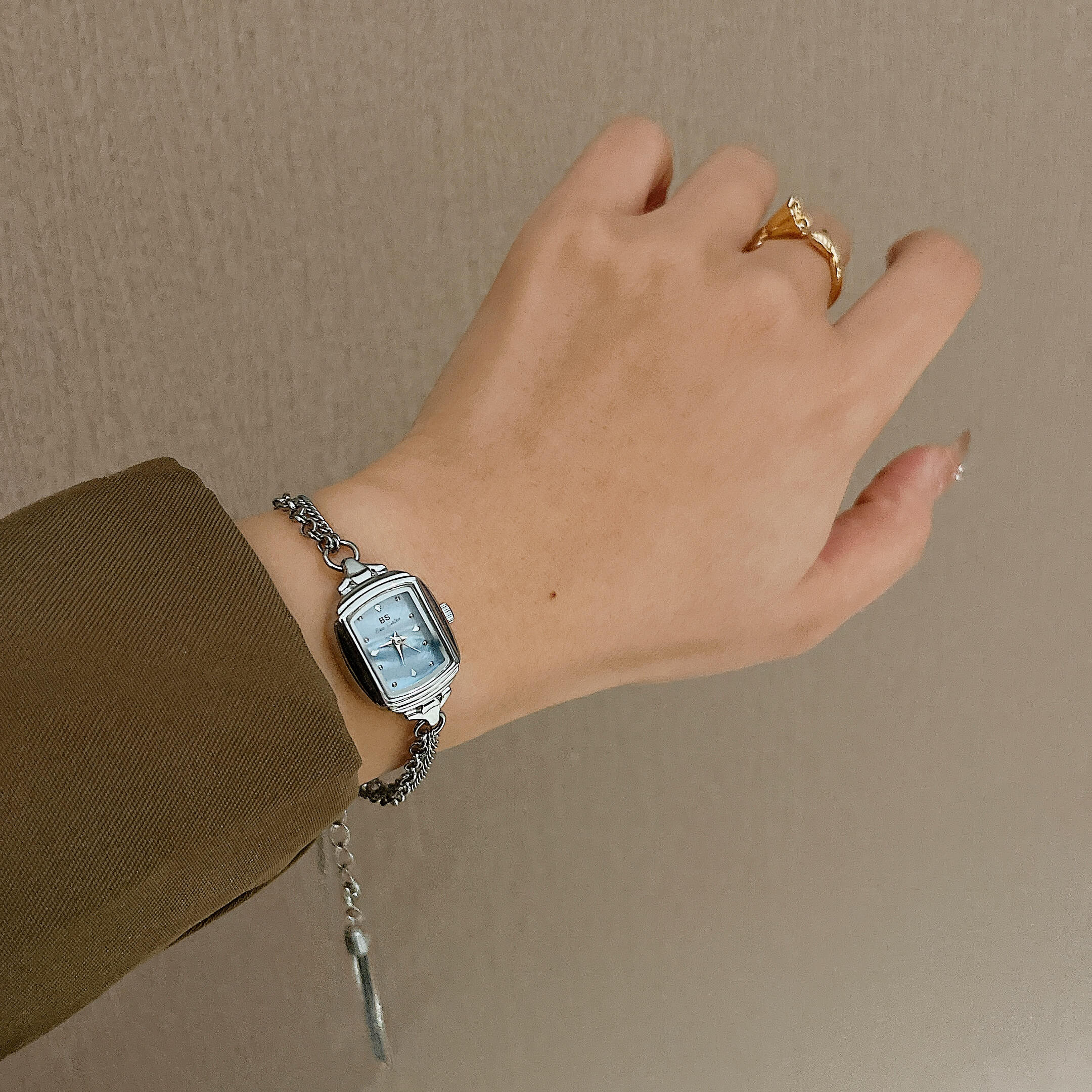 Dainty Silver/Gold Rectangle Mother of Pearl Tassel Chain Watch