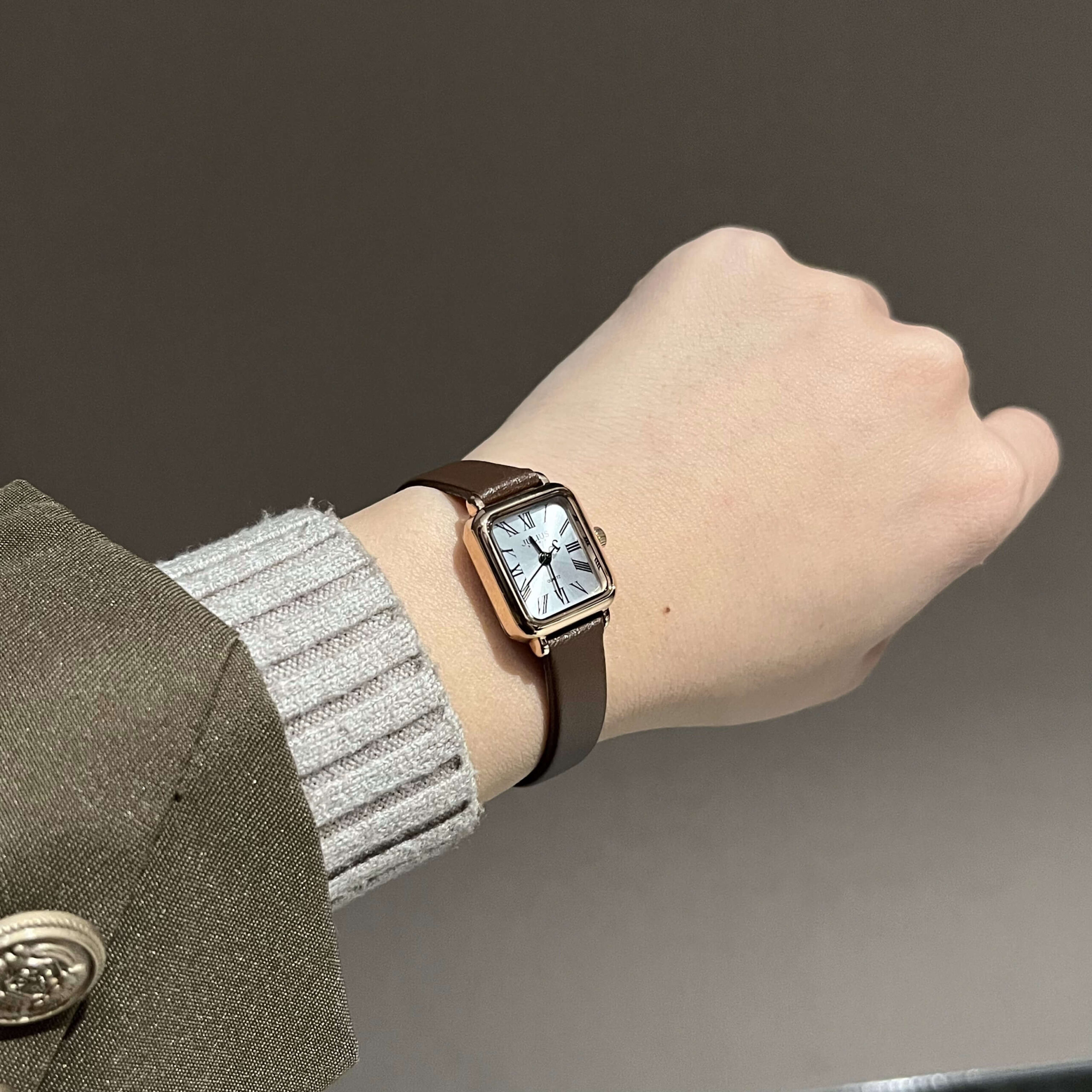 Dainty Brown Small Square Genuine Leather Watch