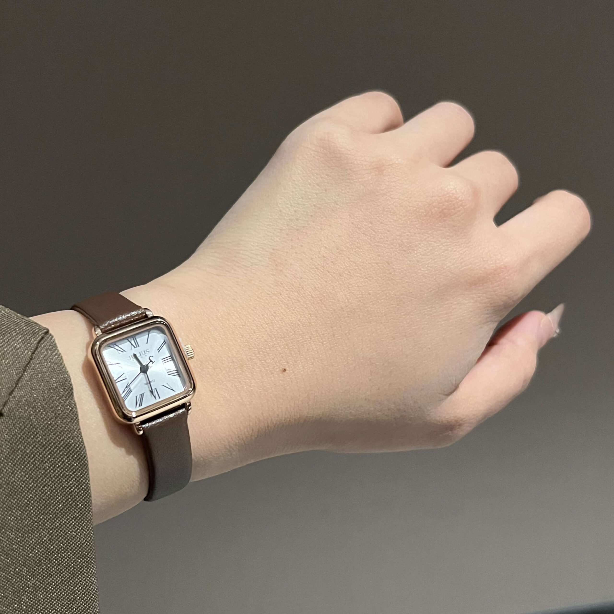 Dainty Brown Small Square Genuine Leather Watch