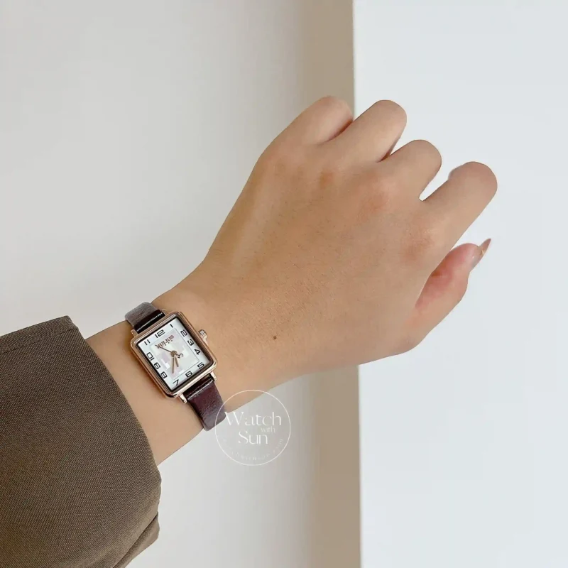 Classic Brown Leather Mother of Pearl Face Wristwatch