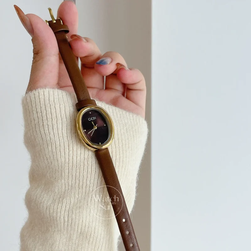 Minimalist Brown Leather Oval Dial Watch for Women