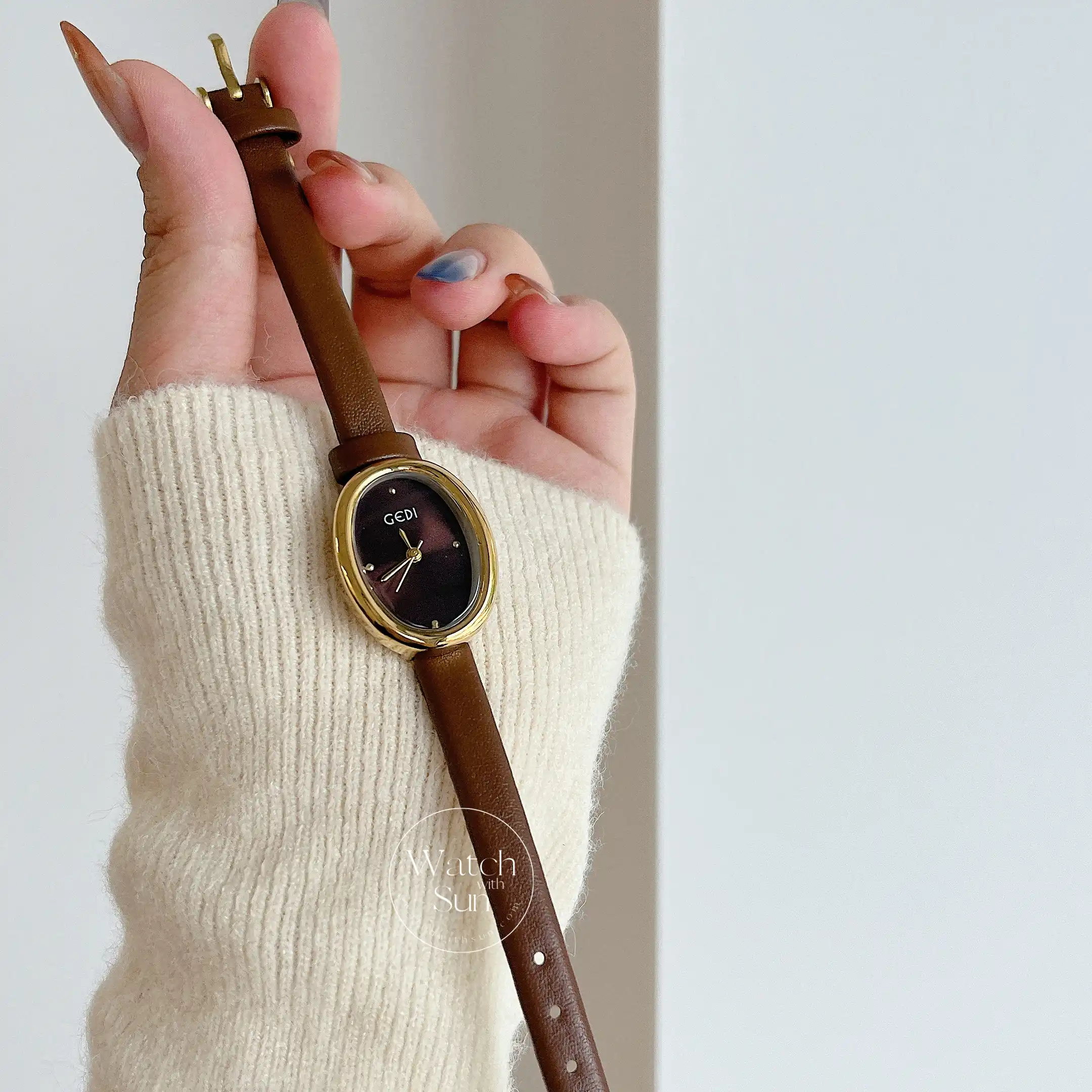 Minimalist Brown Leather Oval Dial Watch for Women