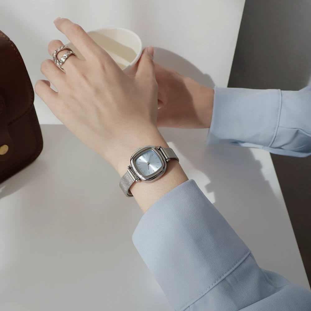 Minimalist Style Silver-Blue Square Bracelet Ladies Watch