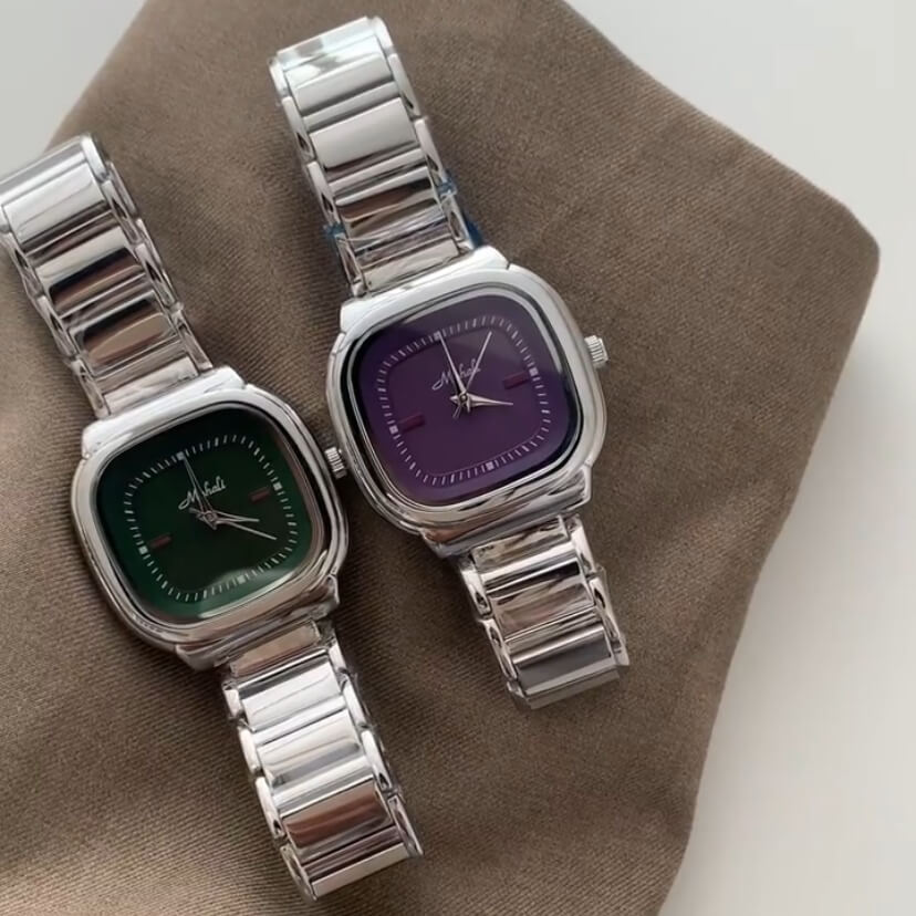 Dainty Silver-Green/Purple Square Stainless Steel Watch