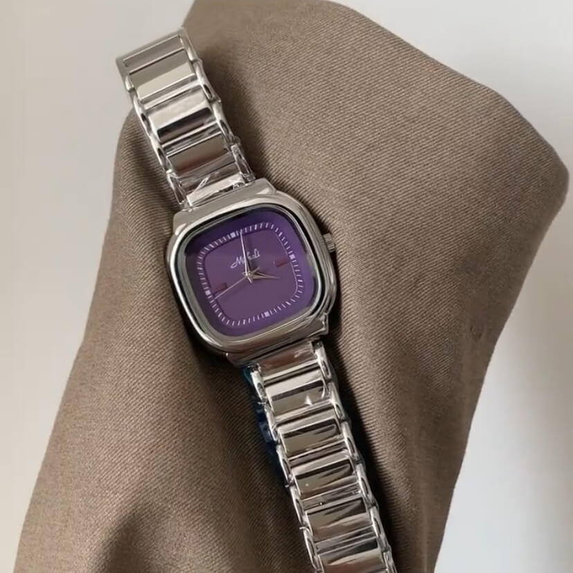 Dainty Silver-Green/Purple Square Stainless Steel Watch