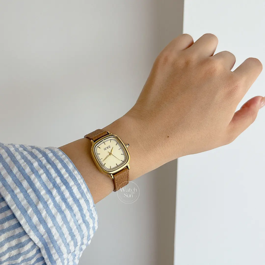 Vintage Style Brown-Gold Square Leather Watch for Women