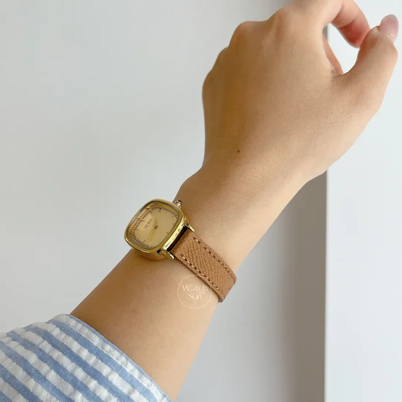 Vintage Style Brown-Gold Square Leather Watch for Women