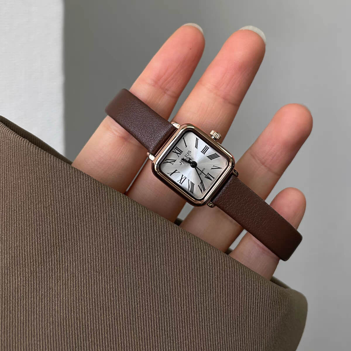 Dainty Brown Small Square Genuine Leather Watch