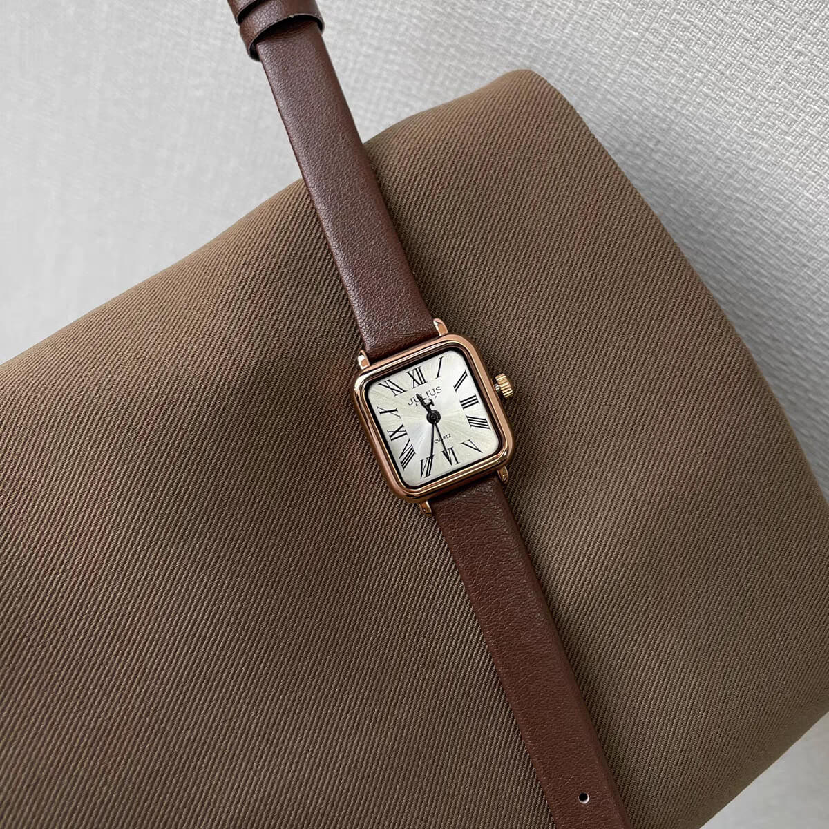 Dainty Brown Small Square Genuine Leather Watch