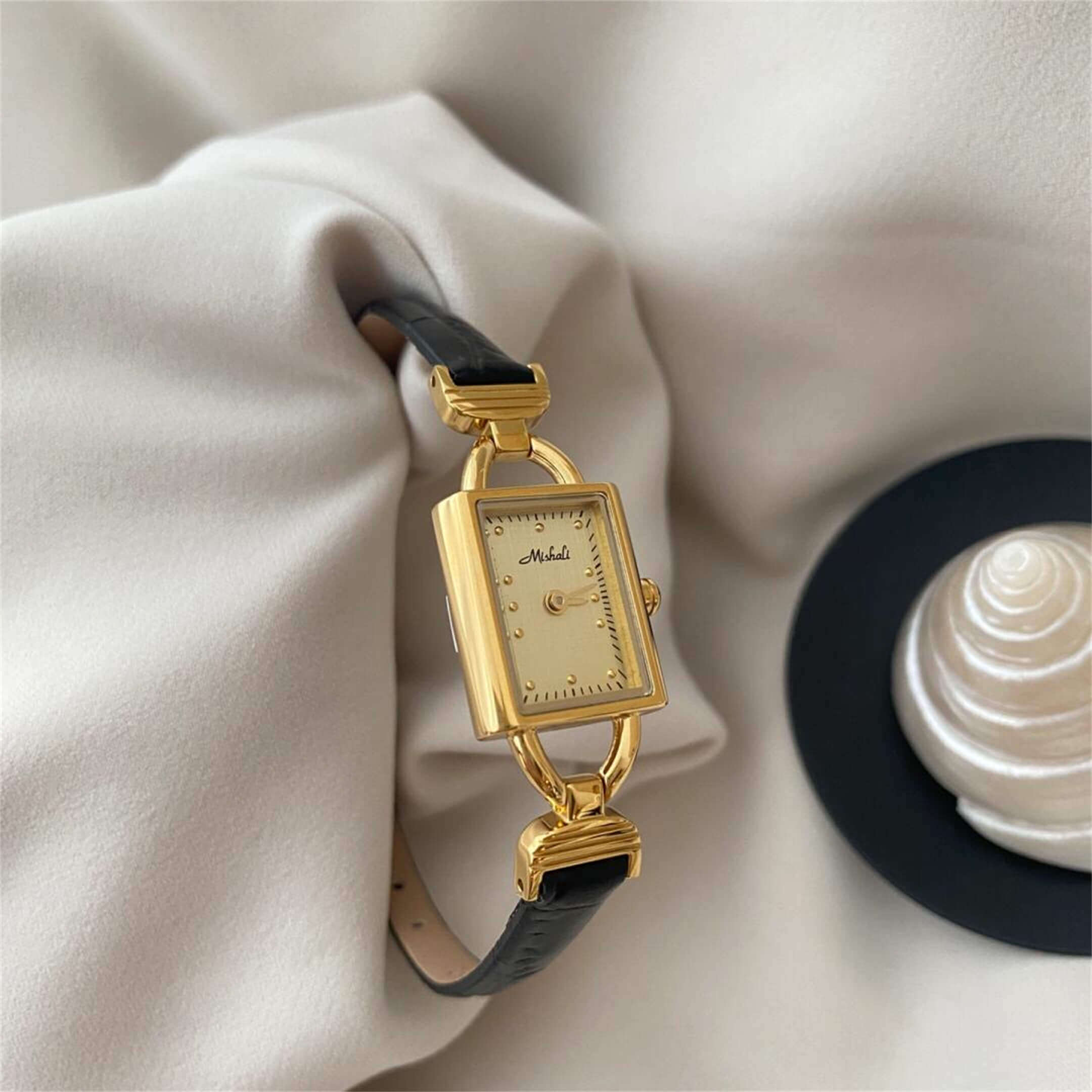 Chic Style Black Rectangle Leather Watch for Women