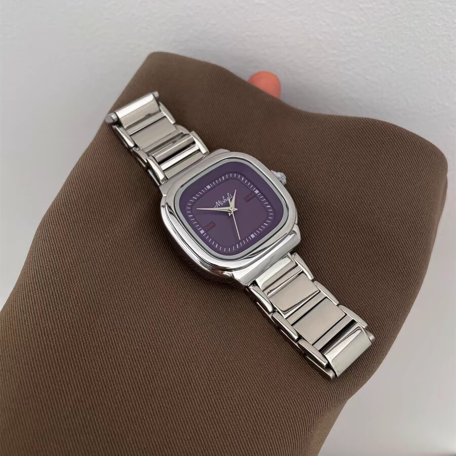 Dainty Silver-Green/Purple Square Stainless Steel Watch