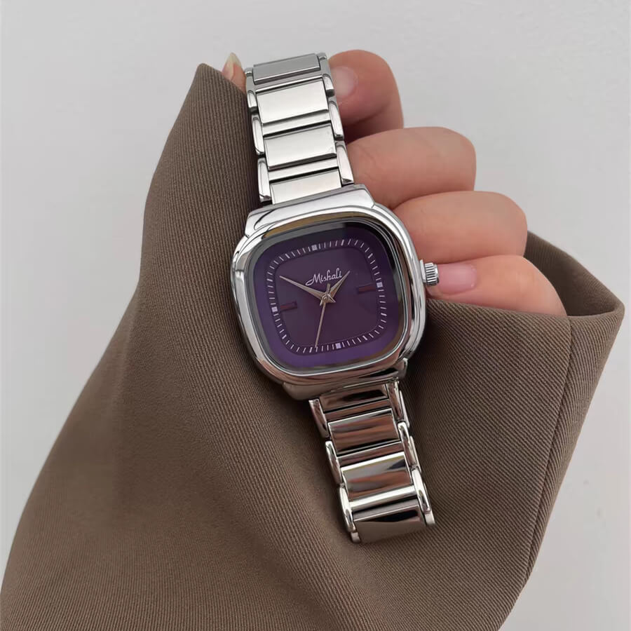 Dainty Silver-Green/Purple Square Stainless Steel Watch