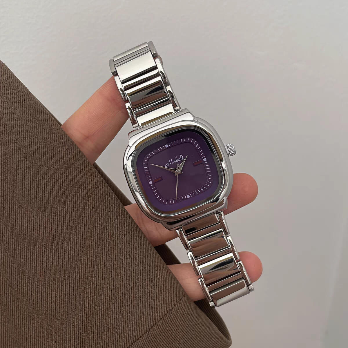 Dainty Silver-Green/Purple Square Stainless Steel Watch