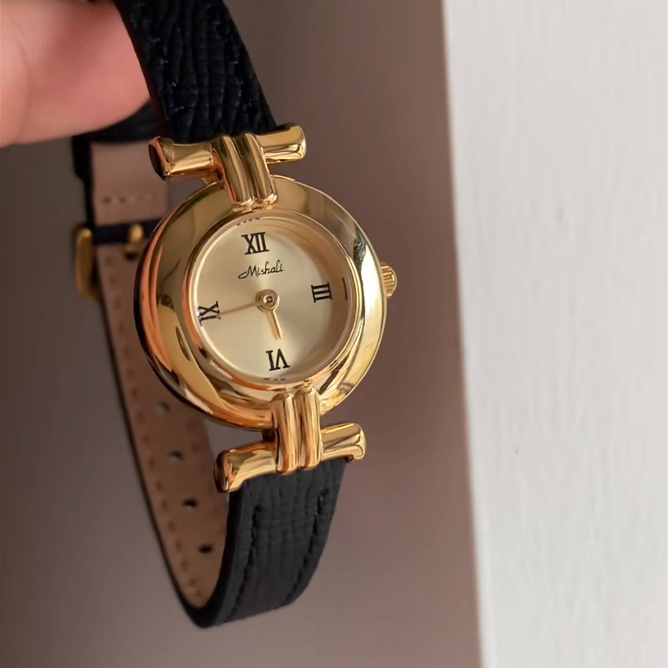 Dainty Brown-Gold Round Leather Watch for Women