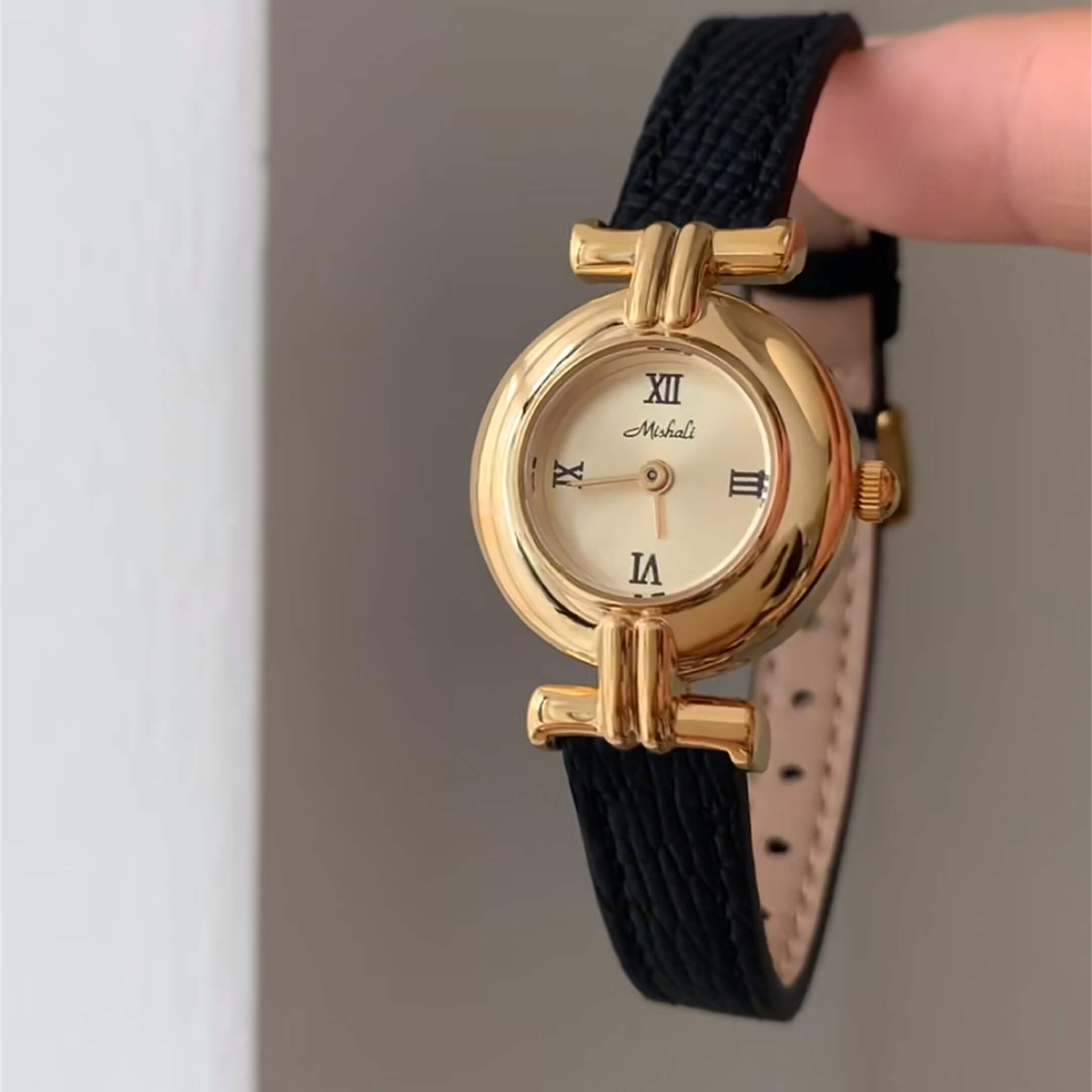 Dainty Brown-Gold Round Leather Watch for Women