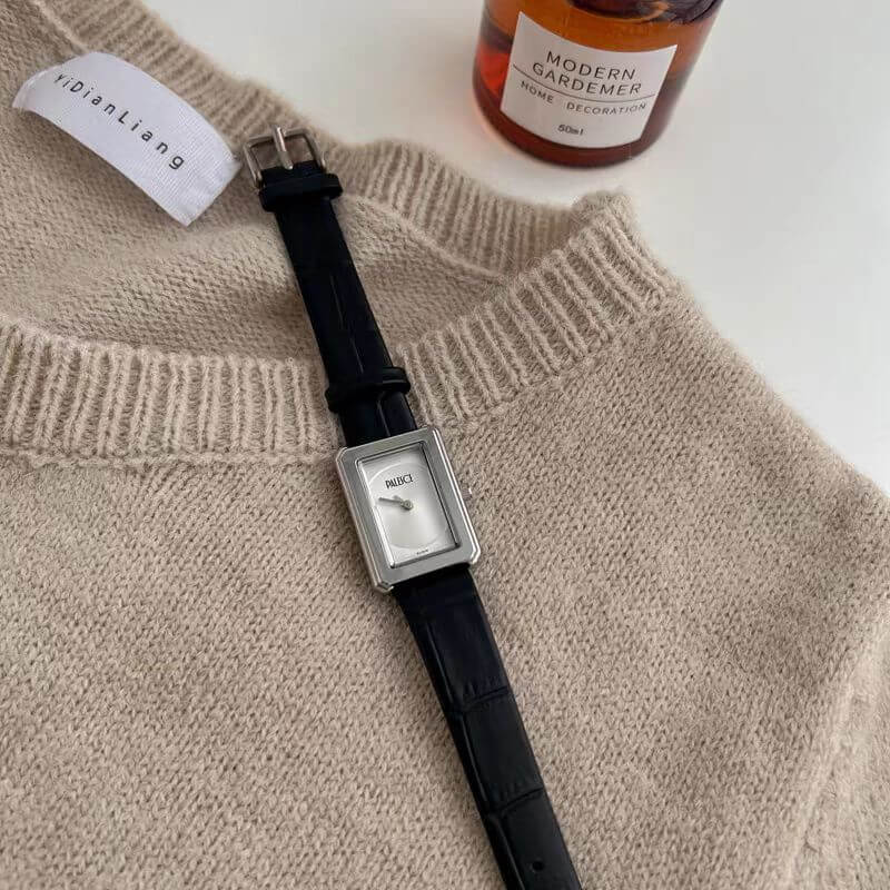 Classic Black Rectangle Genuine Leather Watch