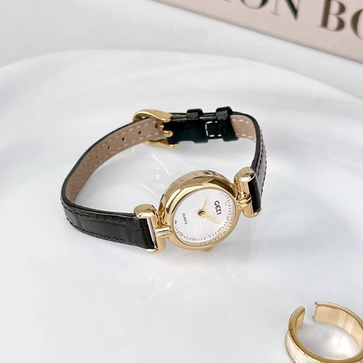 Vintage Black Round Genuine Leather Watch for Women