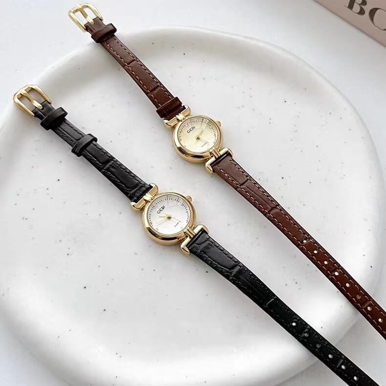 Vintage Black Round Genuine Leather Watch for Women