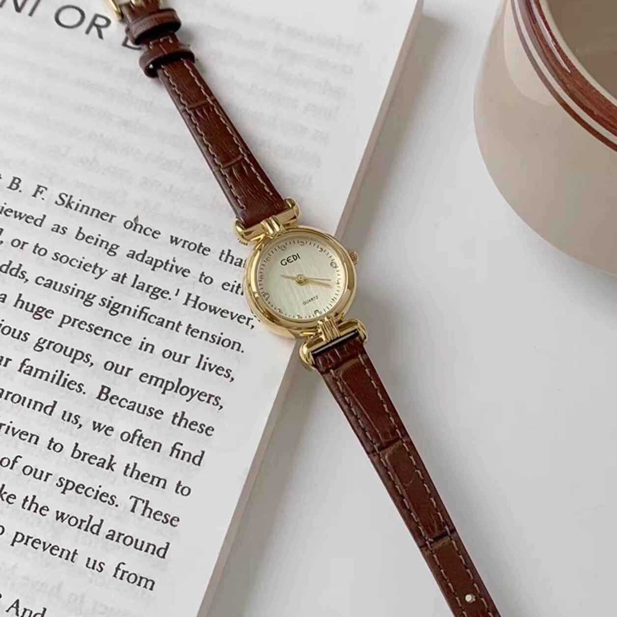 Vintage Black Round Genuine Leather Watch for Women