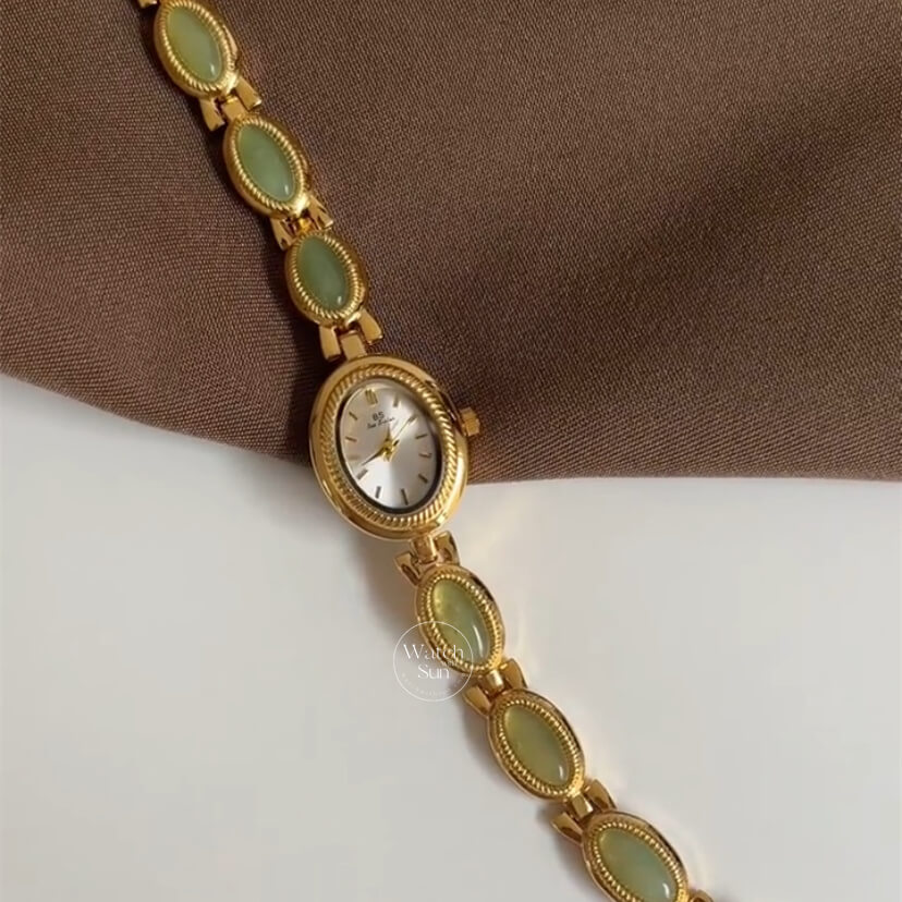 Vintage Style Green Jade Stone Bracelet Watch