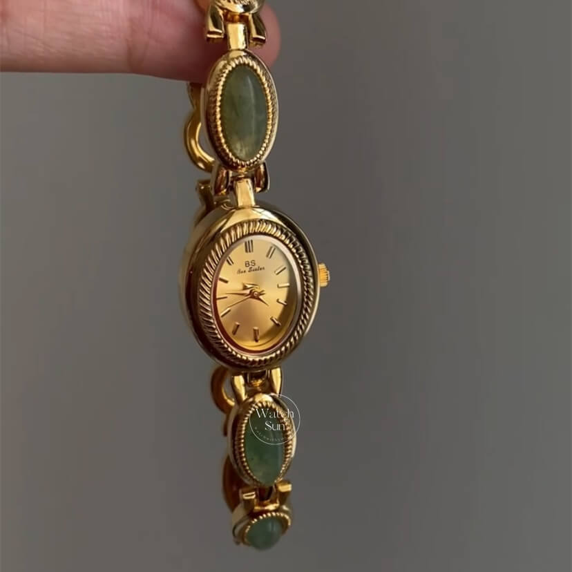 Vintage Style Green Jade Stone Bracelet Watch