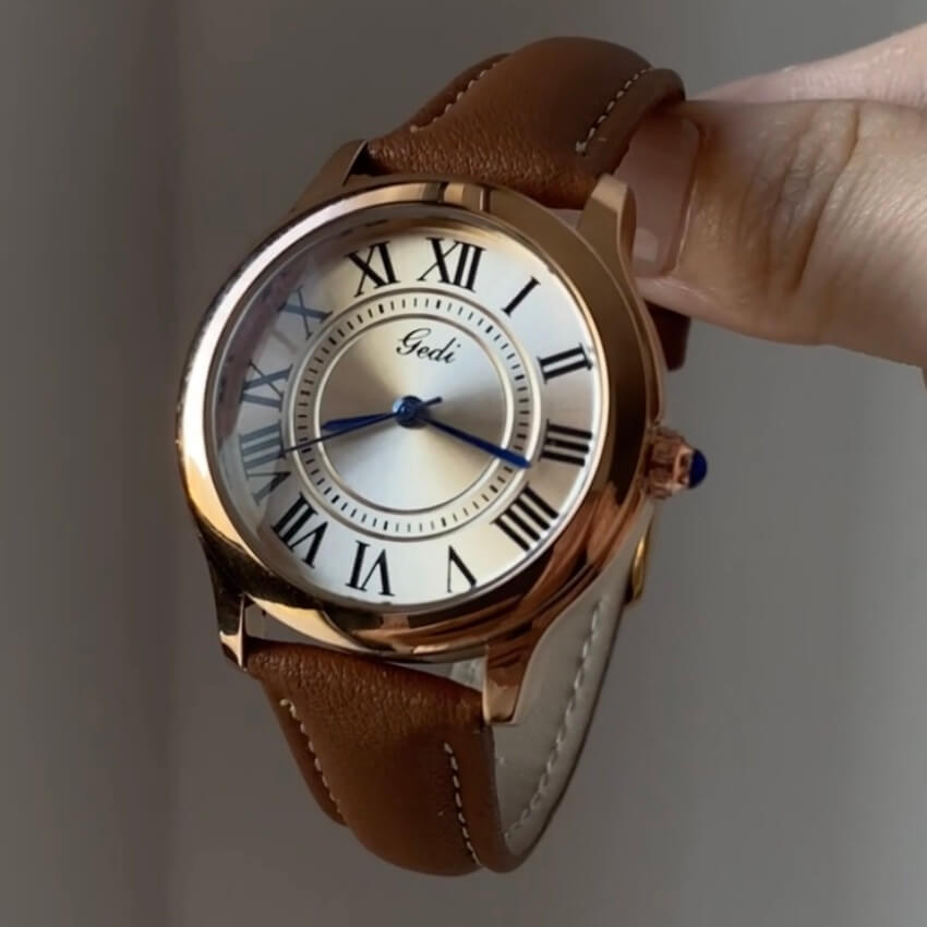 Classic Brown/Black Round Genuine Leather Women's Watch