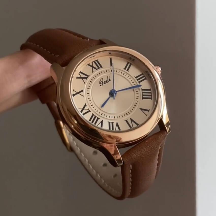 Classic Brown/Black Round Genuine Leather Women's Watch