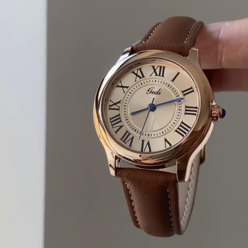 Classic Brown/Black Round Genuine Leather Women's Watch