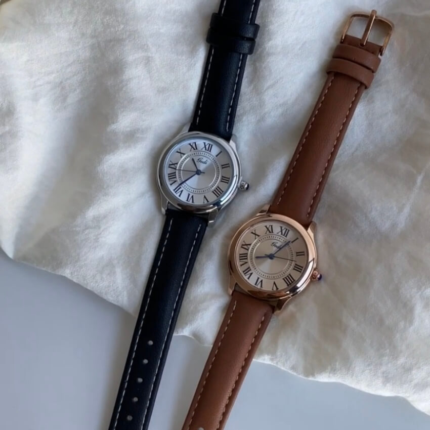 Classic Brown/Black Round Genuine Leather Women's Watch