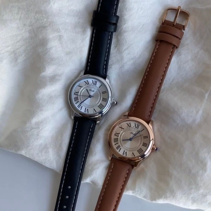 Classic Brown/Black Round Genuine Leather Women's Watch