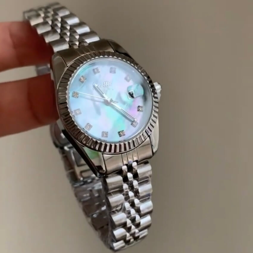 Dainty Style Blue Round Face Silver Bracelet Women's Watch