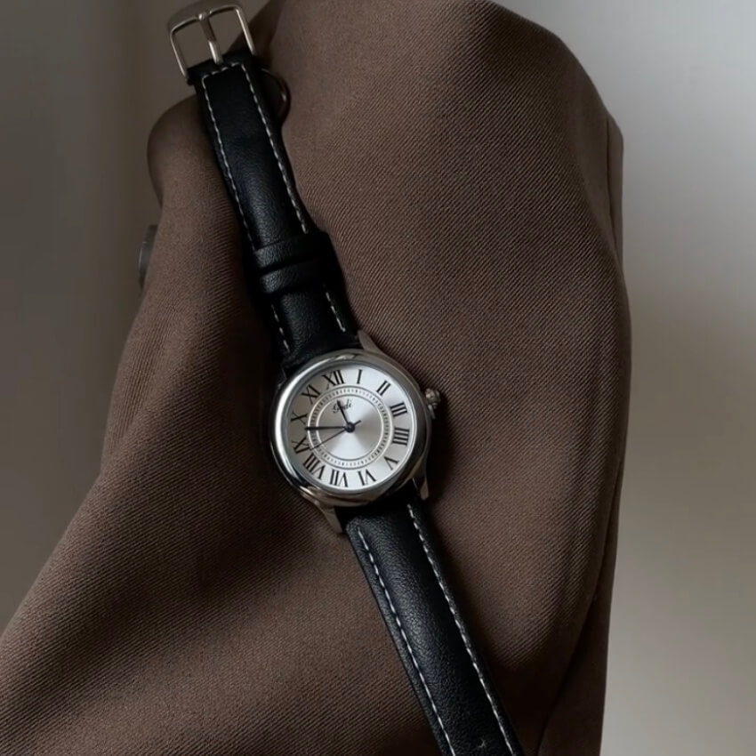 Classic Brown/Black Round Genuine Leather Women's Watch