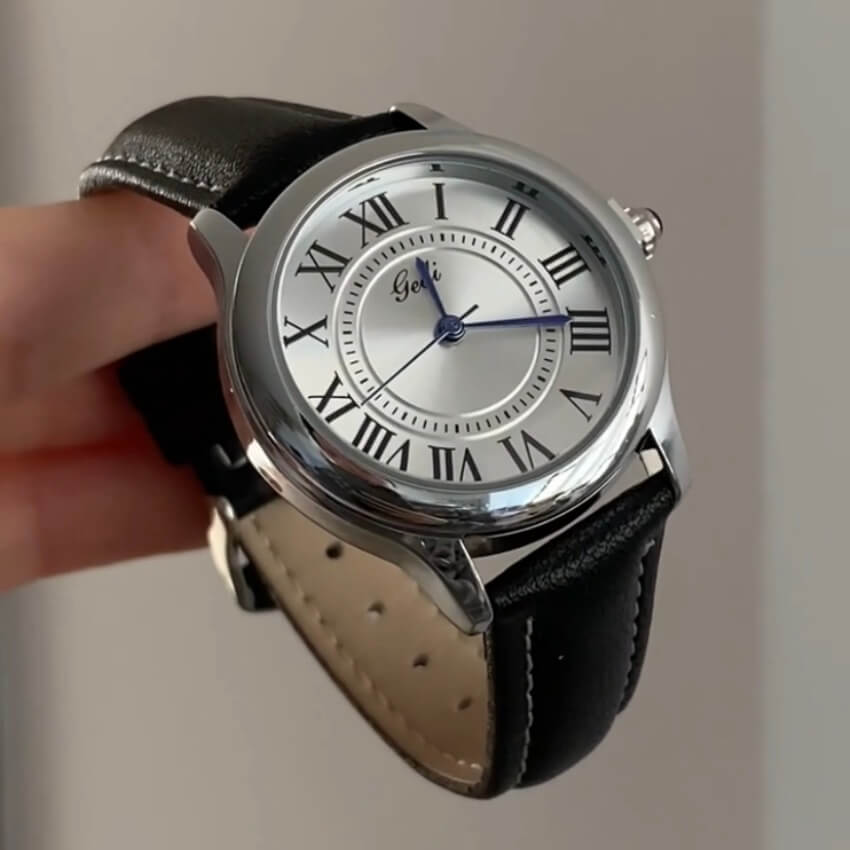 Classic Brown/Black Round Genuine Leather Women's Watch