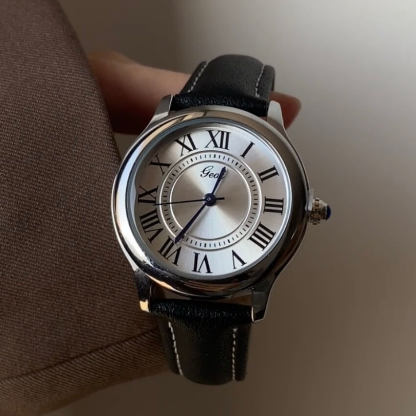 Classic Brown/Black Round Genuine Leather Women's Watch