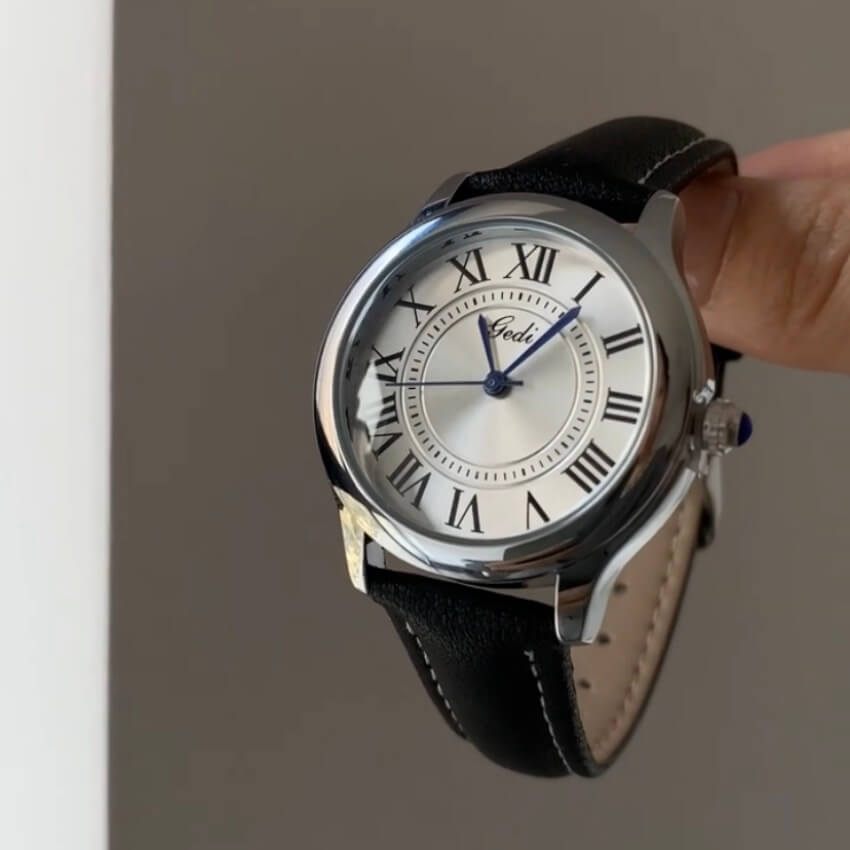 Classic Brown/Black Round Genuine Leather Women's Watch