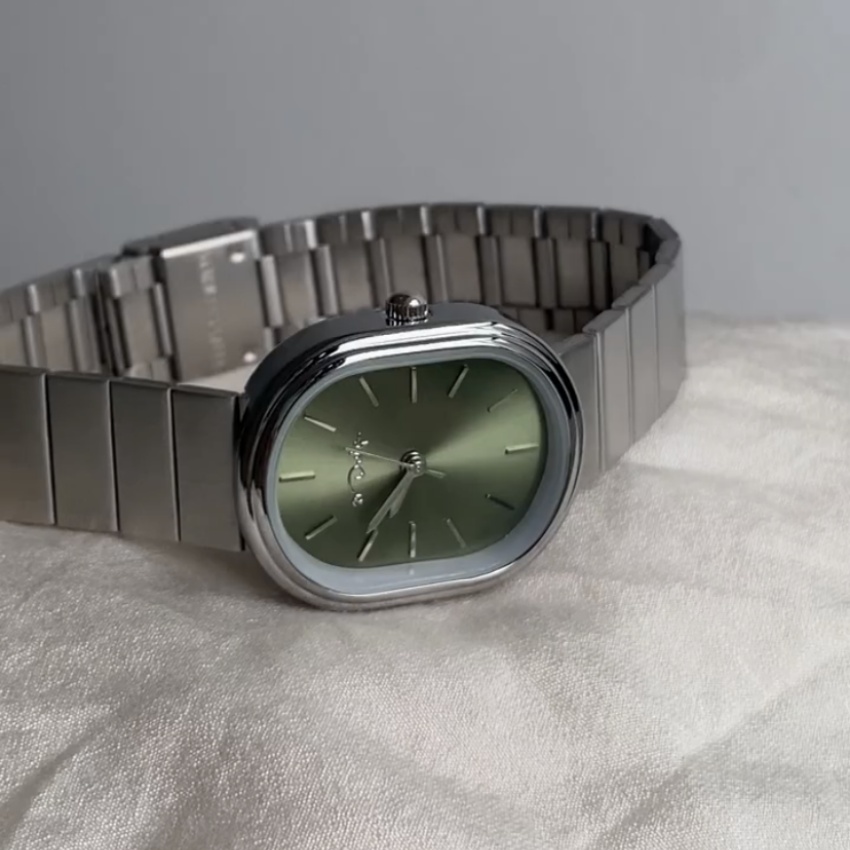 Ladies Dainty Style Green Oval Face Silver Bracelet Watch