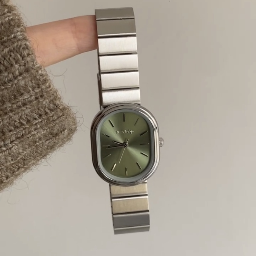 Ladies Dainty Style Green Oval Face Silver Bracelet Watch