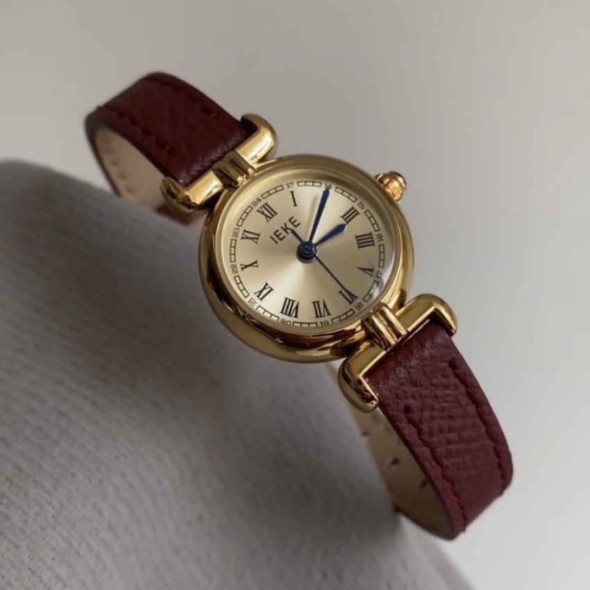 Vintage Style Gold Small Round Face Leather Ladies Watch