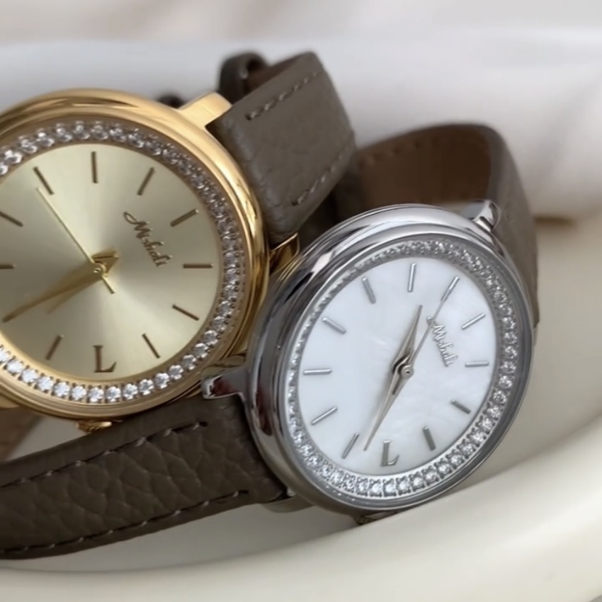 Vintage Style Gold/Silver Round Face Brown/Orange Leather Watch