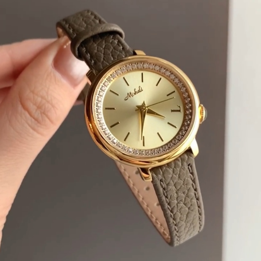 Vintage Style Gold/Silver Round Face Brown/Orange Leather Watch