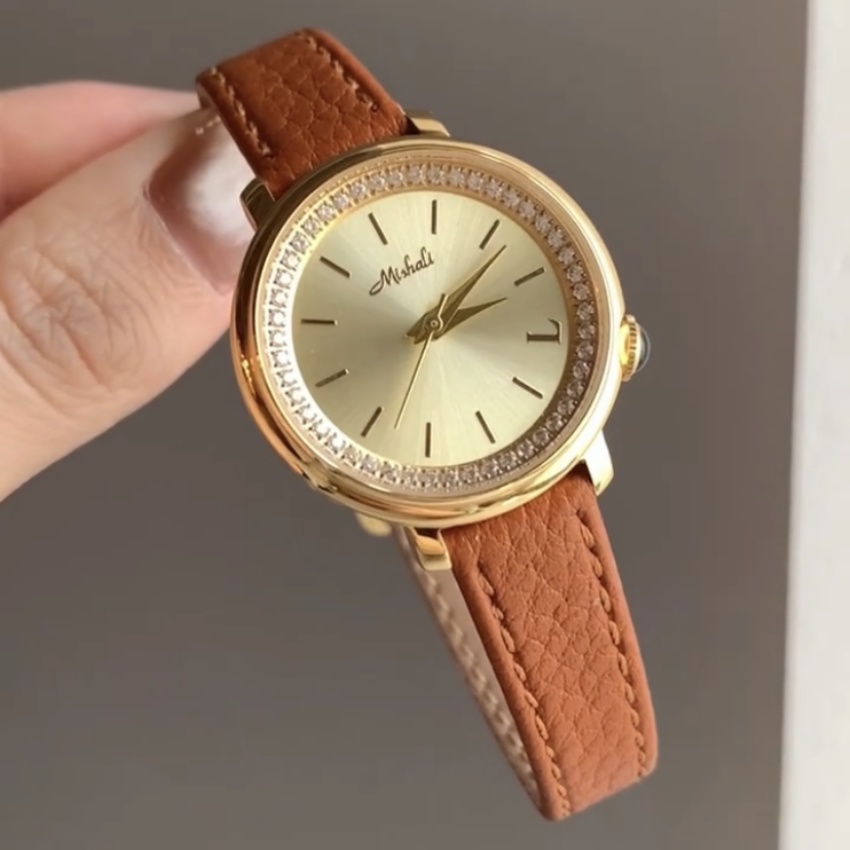 Vintage Style Gold/Silver Round Face Brown/Orange Leather Watch