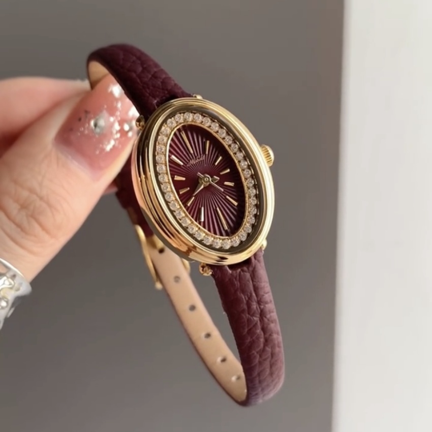 Vintage Gold Small Oval Face Red/Brown/Black Leather Watch
